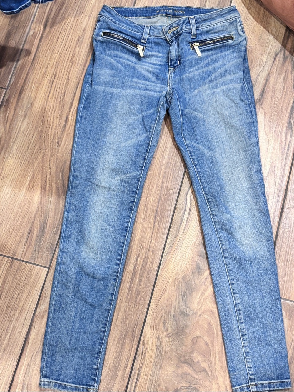 Michael Kors Light Blue Izzy Skinny Jeans with Front Zip Details